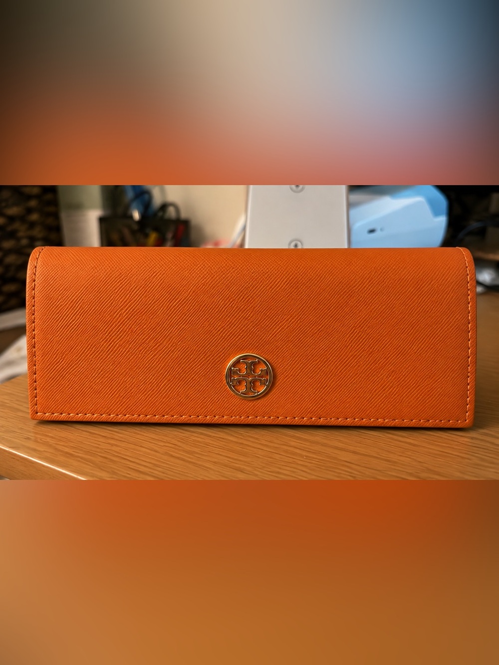 Tory Burch Orange Saffiano Leather Card Holder with Gold Logo